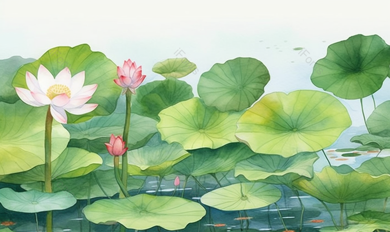 二十四节气夏季夏天立夏小暑绿叶植物池塘荷塘水塘荷花荷叶绿色背景插画,插画/手绘图,插画/手绘图库,插画/手绘图下载,插画/手绘